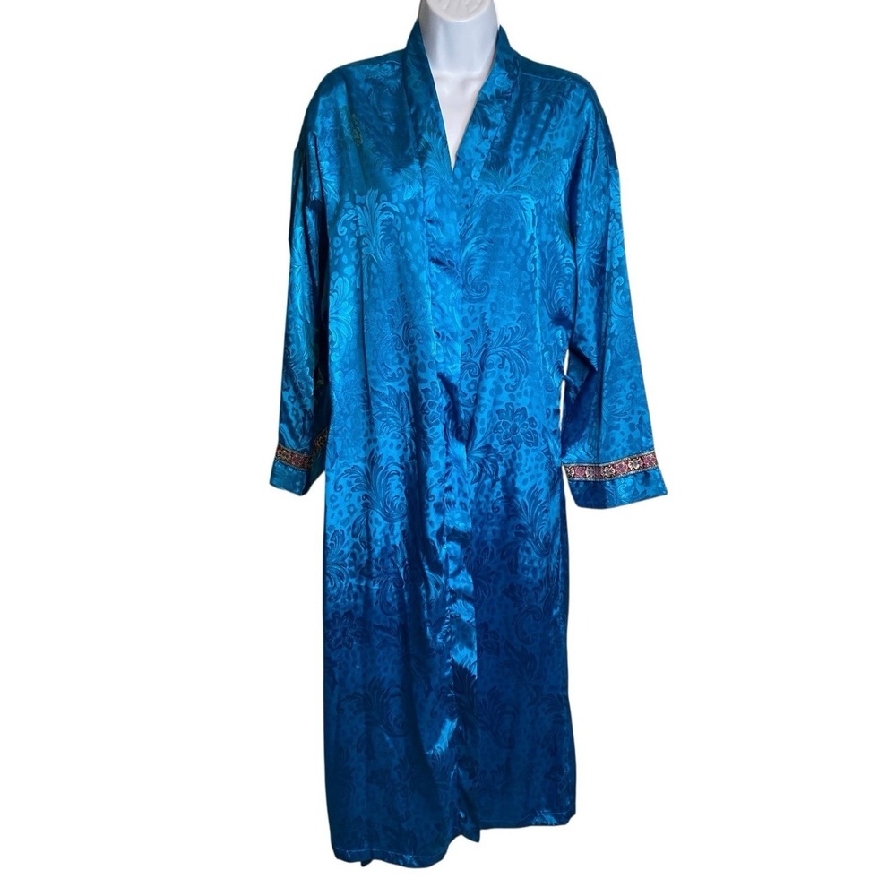 VTG L.A. INTIMATES Womens Blue Satin Open Kimono Robe Sz M Silky Chic Glam Vibe